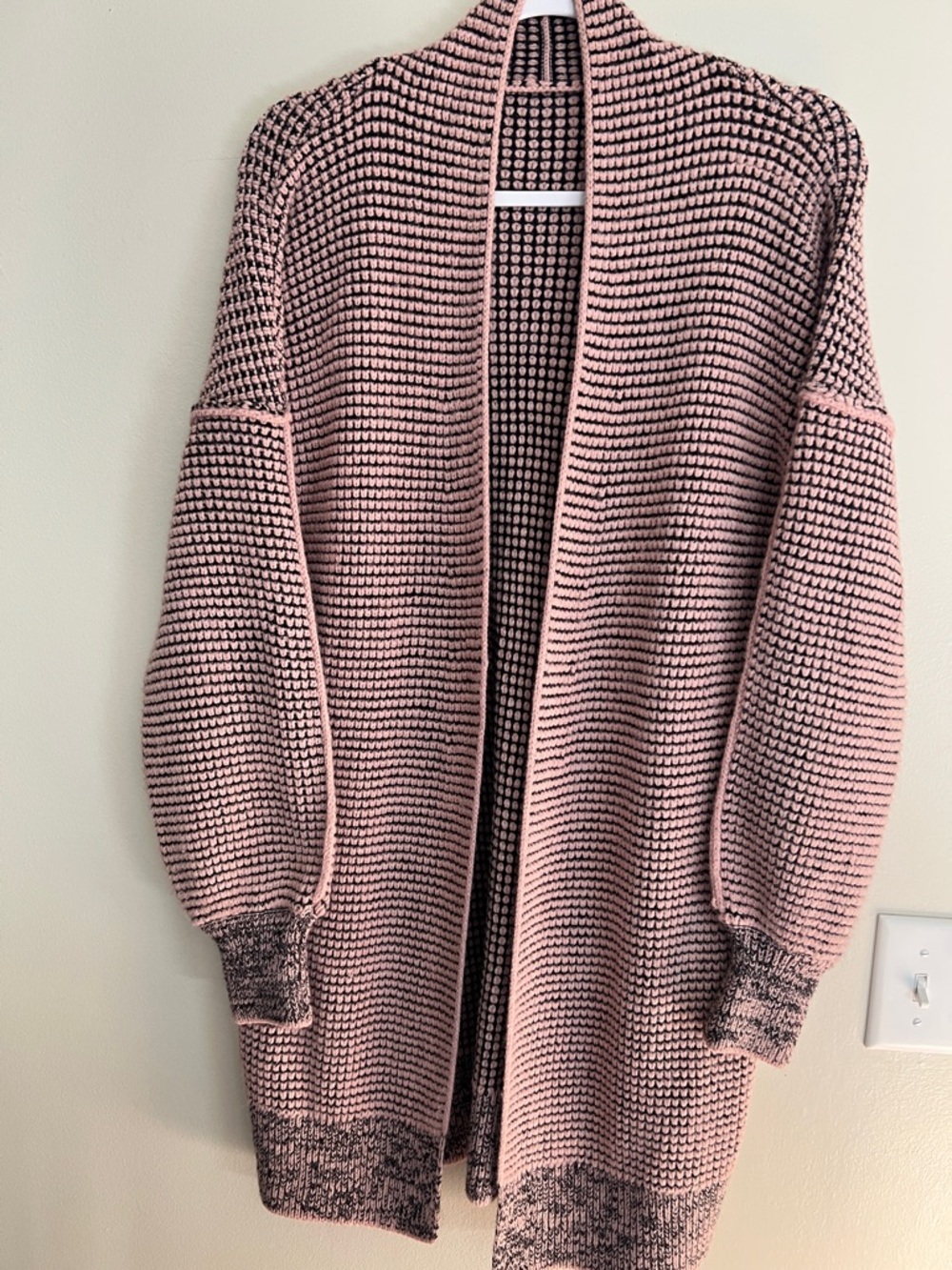 Open-Front Pink and Black Knit Cardigan Sweater